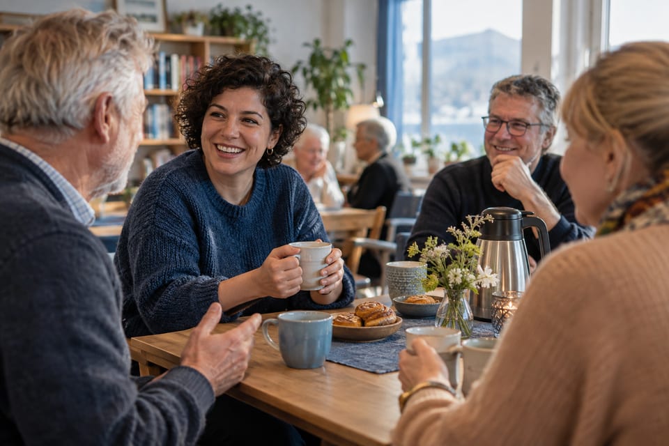 Et inkluderende fellesskap rundt et bord – KI-generert illustrasjonsbilde for Ålesund frivilligsentral – møteplasser og frivillighet