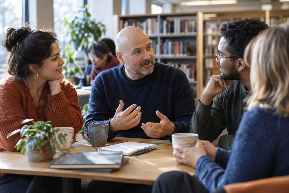 Samtaler, bøker og kaffe – KI-generert illustrasjonsbilde for Språkkafé – Kristiansand folkebibliotek