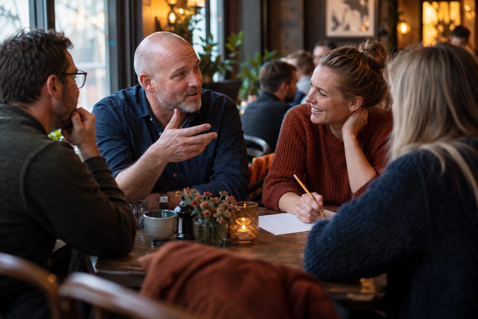 Spørsmål, svarark og et quizlag – KI-generert illustrasjonsbilde for James Clark – fredagsquiz